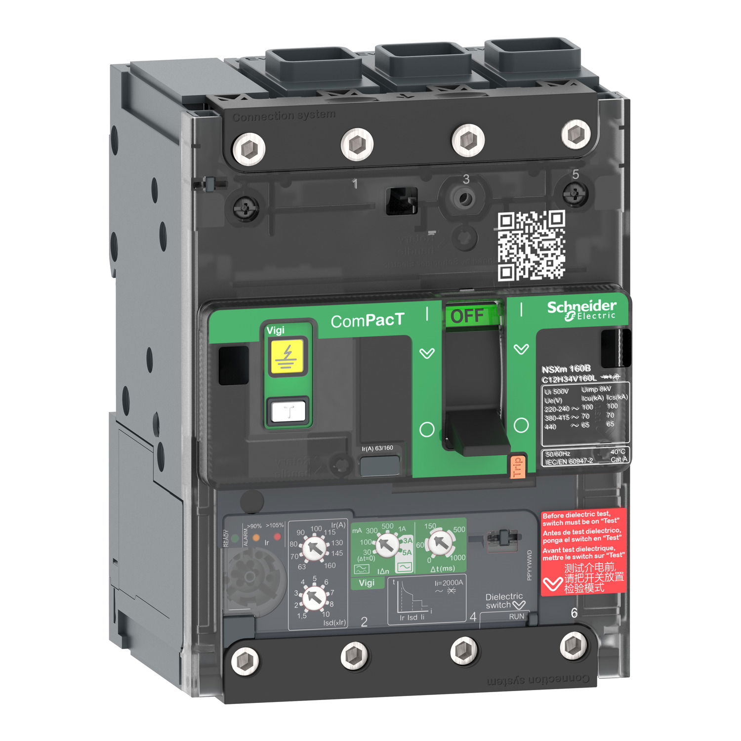 Kompaktleistungsschalter mit Differenzstromschutz ComPacT NSXm mit MicroLogic 4.1 VIGI 160A 3P 50kA/415V EverLink