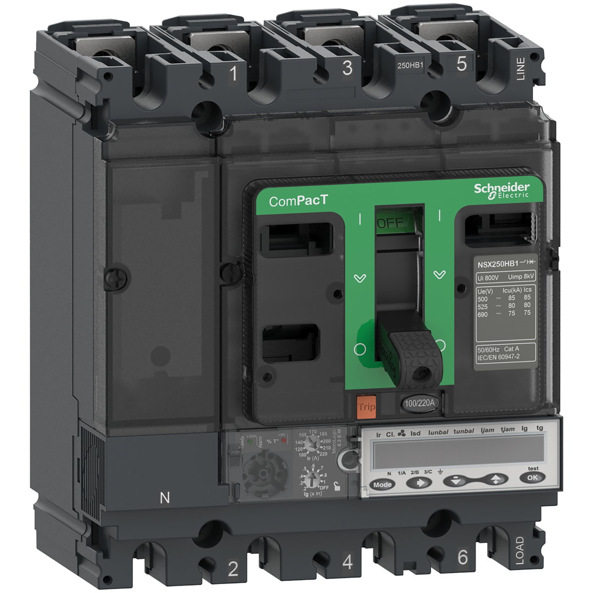 Kompaktleistungsschalter ComPacT NSX250HB2 mit Micrologic 6.2 E-M 3P3D 220A, 100kA/690V AC