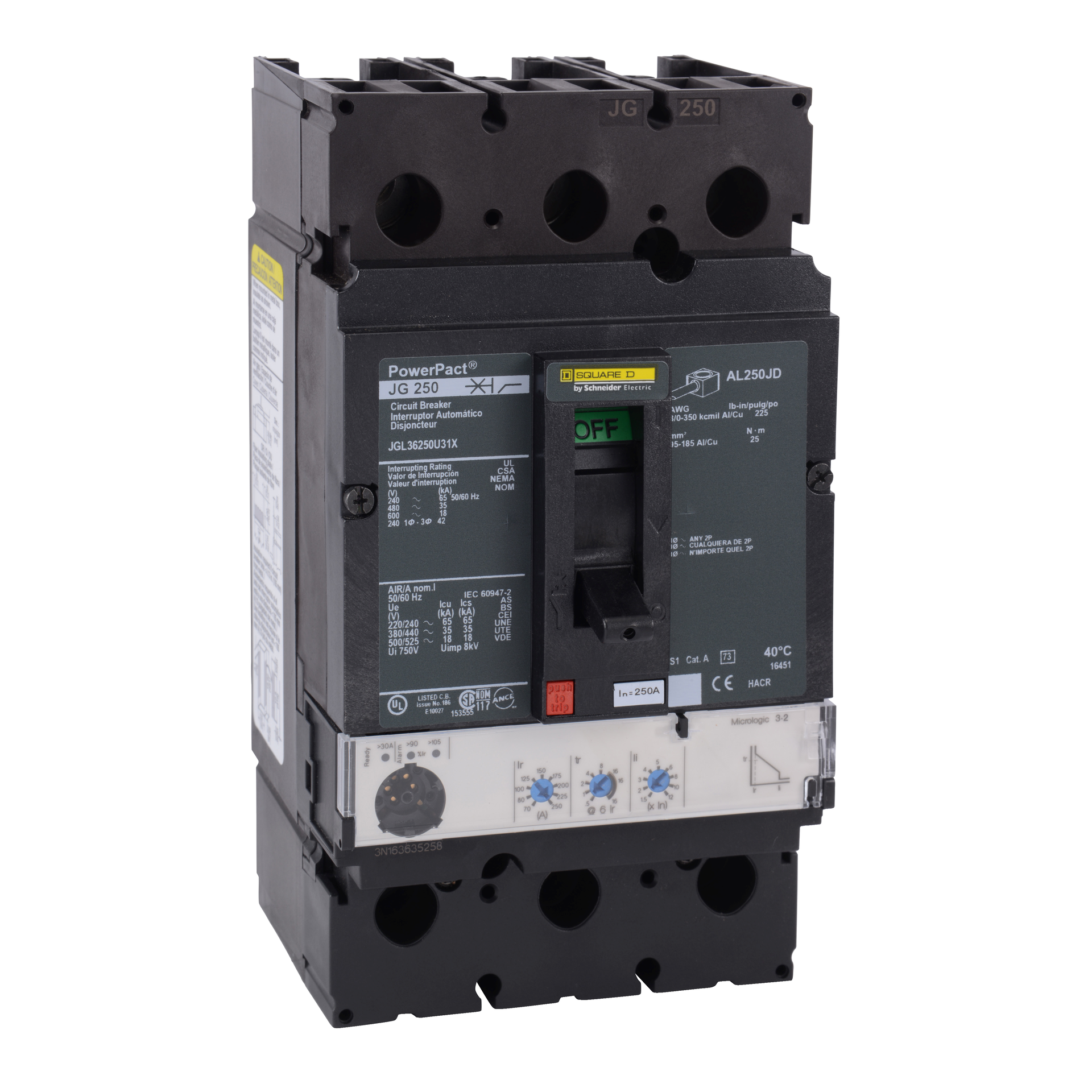 Kompaktleistungsschalter PowerPacT J, mit Micrologic 3.2, 250A, 3P, 35kA/480V AC