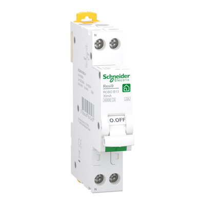 FI/LS Resi9 1P+N, 1TE breit (18mm), 13A, B-Charakteristik, 30mA, Typ A, 6kA