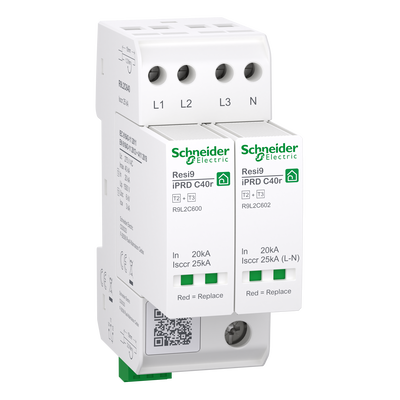 Überspannungsableiter, Resi9 iPRD C40r, Typ 2+3, Schutzmodule steckbar, 3P+N, 40kA, kompakt 2TE, FM-Kontakt