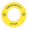 Schild Ø60 für Not-Halt-Taster, EMERGENCY STOP/Logo ISO13850