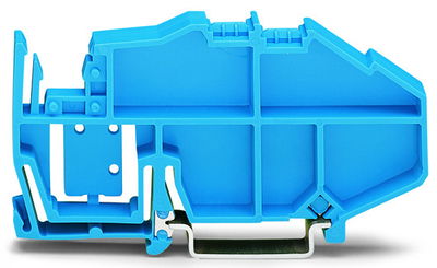 Sammelschienenträger mit Endklammerfunktion und ausbrechbarer Trennplatte auf TS 35 aufrastbar blau