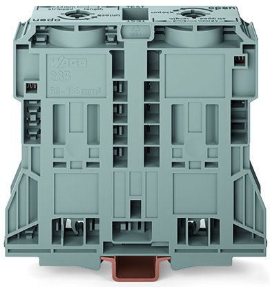 2-Leiter-Durchgangsklemme 185 mm² seitliche Beschriftungsaufnahmen grau
