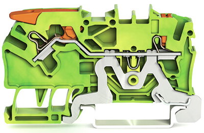 2-Leiter-Schutzleiterklemme mit Hebel und Drücker 2,5 mm² grün-gelb