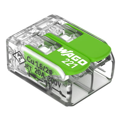 Verbindungsklemme mit Hebeln für alle Leiterarten max. 4 mm² transparent