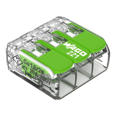 Verbindungsklemme mit Hebeln für alle Leiterarten max. 4 mm² transparent