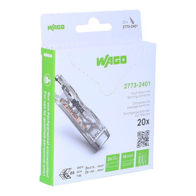 Durchgangsverbinder zum Stecken für ein- und mehrdrähtige Leiter max. 4 mm² transparent