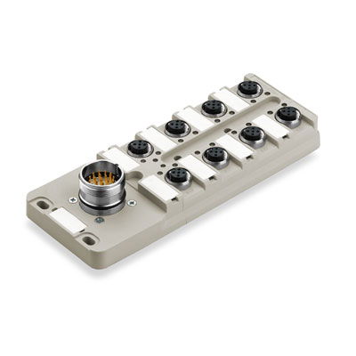 Passiver Sensor-/Aktor-Verteiler (ohne Leitung), Mit M23 Abgang, 12-polig, M12, 30 V, A-codiert, LED: Ja, Initiator LED: Ja, Beschaltungstyp: PNP
