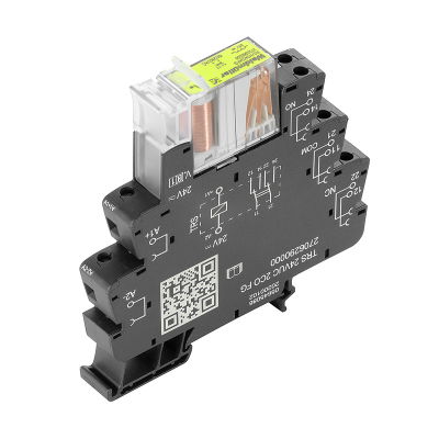 Modulo a relè, 24 V UC ±10 %, LED verde, 2 Contatti di scambio a guida forzata (EN 61810-3 tipo B) (AgNi) , 250 V AC, 6 A, Collegamento a vite