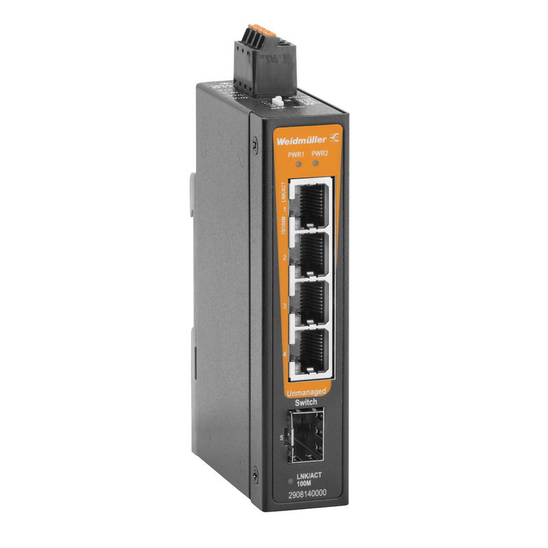 Switch rete, unmanaged, Fast Ethernet, 4x RJ45, 1x 100BaseSFP slot, -40 °C...75 °C, IP30