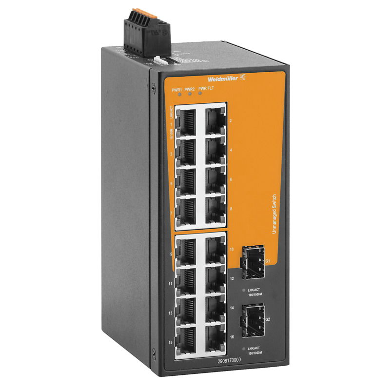 Switch rete, unmanaged, Fast/Gigabit Ethernet, 16x RJ45, 2x 100/1000BaseSFP Slot, -40 °C...75 °C, IP30