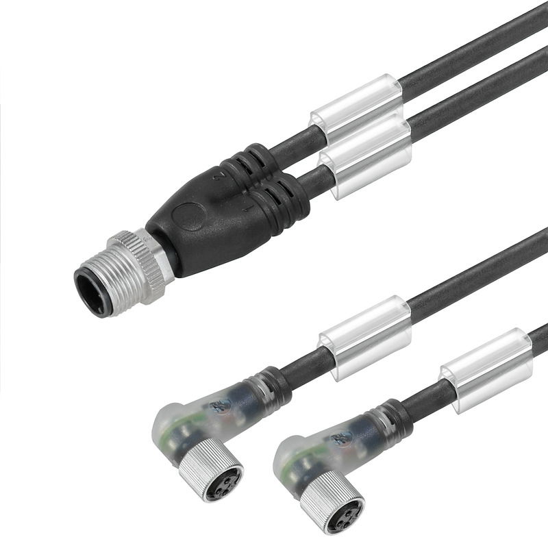 Sensor-Aktor-Adapterleitung (konfektioniert), Verbindungsleitung, M12 / M8, 3, 5 m, Zwillingsleitung, Stift, gerade, 2x Buchse, gewinkelt, schwarz