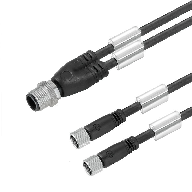 Sensor-Aktor-Adapterleitung (konfektioniert), Verbindungsleitung, M12 / M8, 3, 0.6 m, Zwillingsleitung, Stift, gerade, 2x Buchse, gerade, schwarz