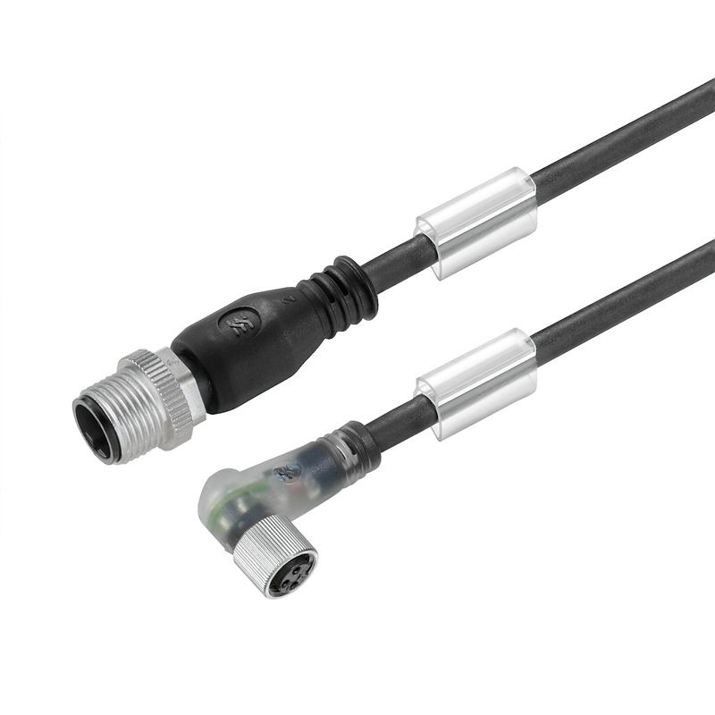 Sensor-Aktor-Leitung, M12 / M8, Polzahl: 3, 10 m, Stift, gerade – Buchse, 90°, LED: Ja, Geschirmt: Nein