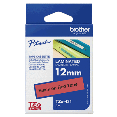 Brother laminated TZe tape - Black on Red, 12mm