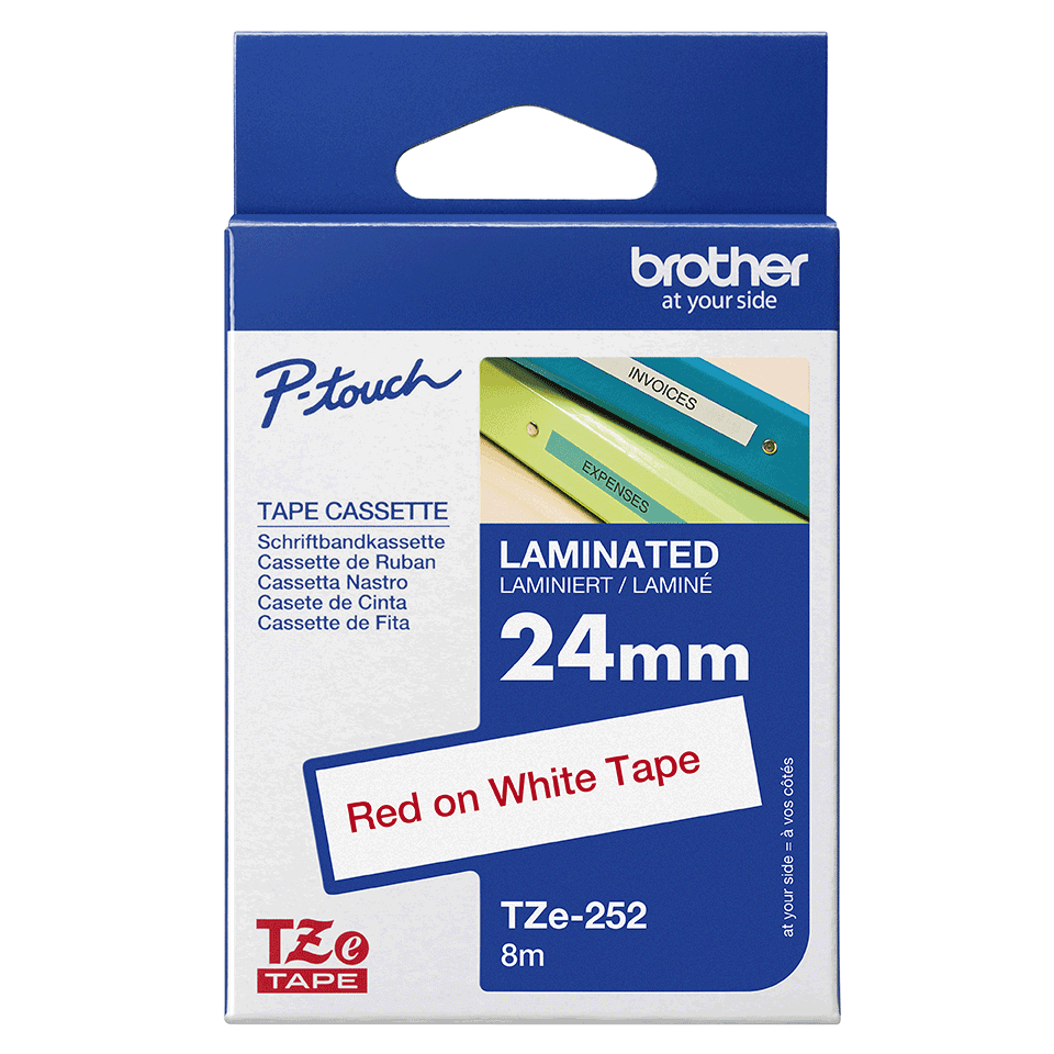 Brother laminated TZe tape - Red on White, 24mm