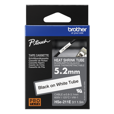 Brother Pro Tape HSe-211E Heat shrink tube - Black on White, 5.2mm
