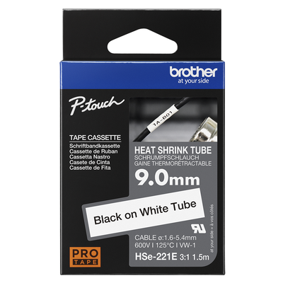 Brother Pro Tape HSe-221E Heat shrink tube - Black on White, 9mm