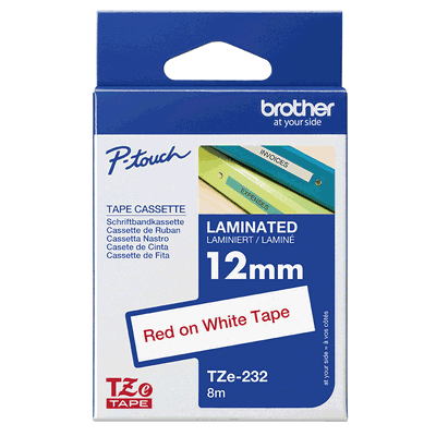 Brother laminated TZe tape - Red on White, 12mm