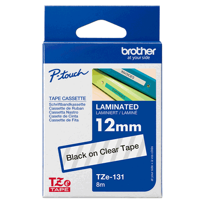 Brother laminated TZe tape - Black on Clear, 12mm