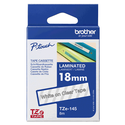 Brother laminated TZe tape - White on Clear, 18mm