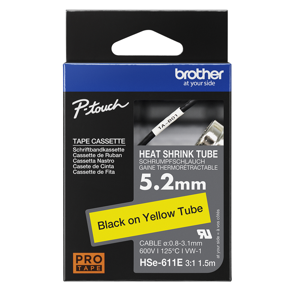 Brother Pro Tape HSe-611E Heat shrink tube - Black on Yellow, 5.2mm