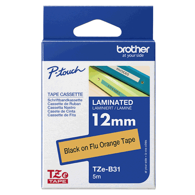 Brother laminated TZe tape - Black on Orange Fluorescent, 12mm