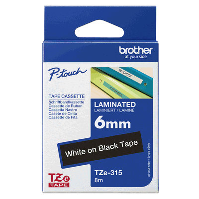 Brother laminated TZe tape - White on Black, 6mm
