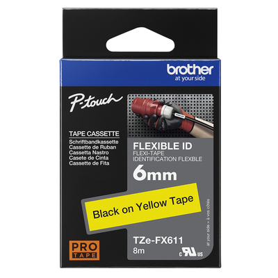 Brother Pro Tape TZe-FX611 Flexible ID tape - Black on Yellow, 6mm