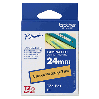 Brother laminated TZe tape - Black on Orange Fluorescent, 24mm