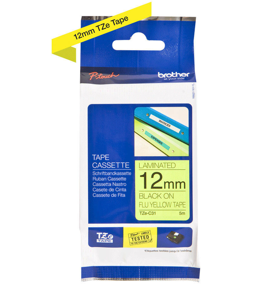 Brother laminated TZe tape - Black on Yellow Fluorescent, 12mm