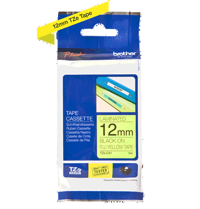 Brother laminated TZe tape - Black on Yellow Fluorescent, 12mm