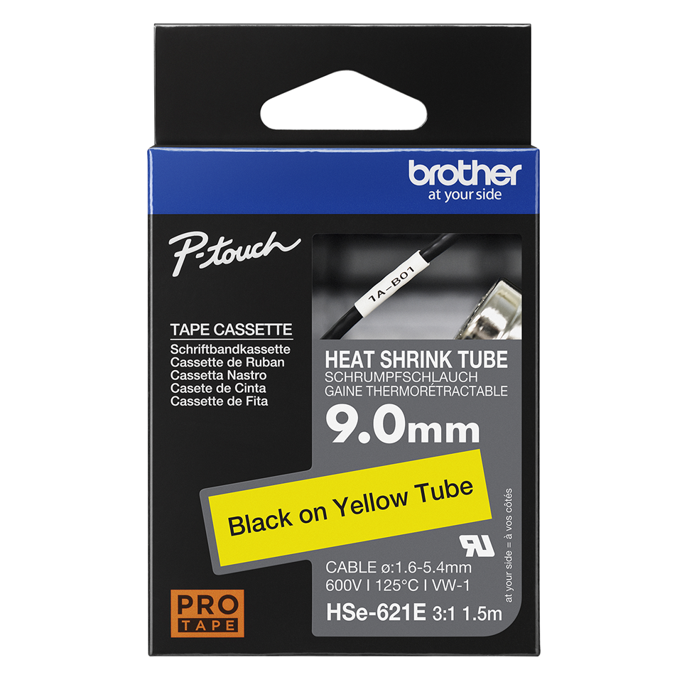 Brother Pro Tape HSe-621E Heat shrink tube - Black on Yellow, 9mm