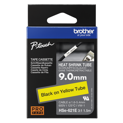 Brother Pro Tape HSe-621E Heat shrink tube - Black on Yellow, 9mm