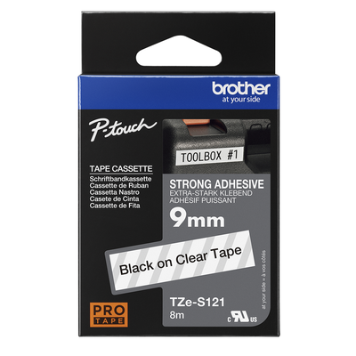 Brother Pro Tape TZe-S121 Strong adhesive tape - Black on Clear, 9mm