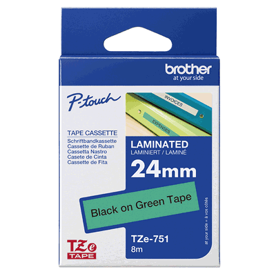Brother laminated TZe tape - Black on Green, 24mm