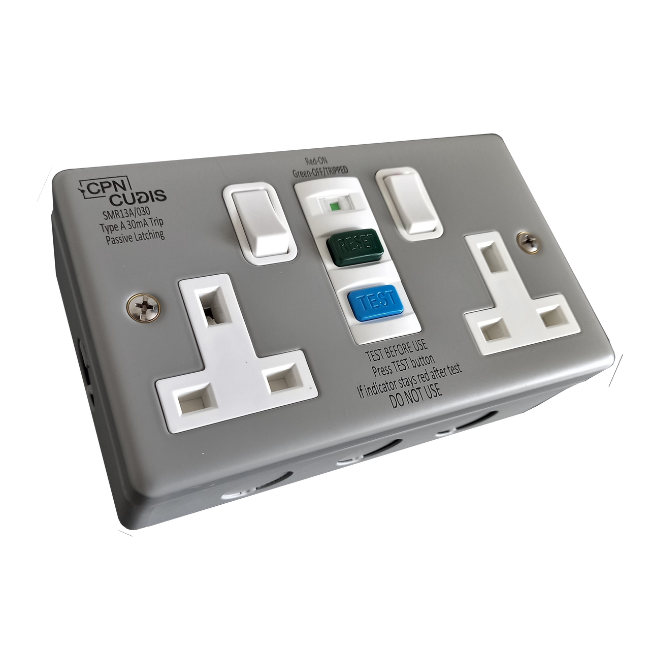 Twin Metal RCD socket, 13A, 30mA, Type A, 1.5kA