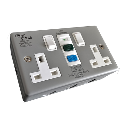 Twin Metal RCD socket, 13A, 30mA, Type A, 1.5kA