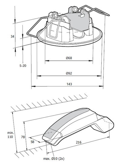 Slave 230 V downlighter, silver with integral LTC (spotlight)