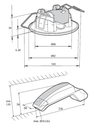 Slave 230 V downlighter, white with integral LTC (escape route)