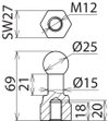 Punti fissi a sfera D 25mm diritto con filetto interno M12