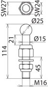 Punto fisso a sfera D 25mm dritto con codolo filettato, dado e rondella M16x46mm