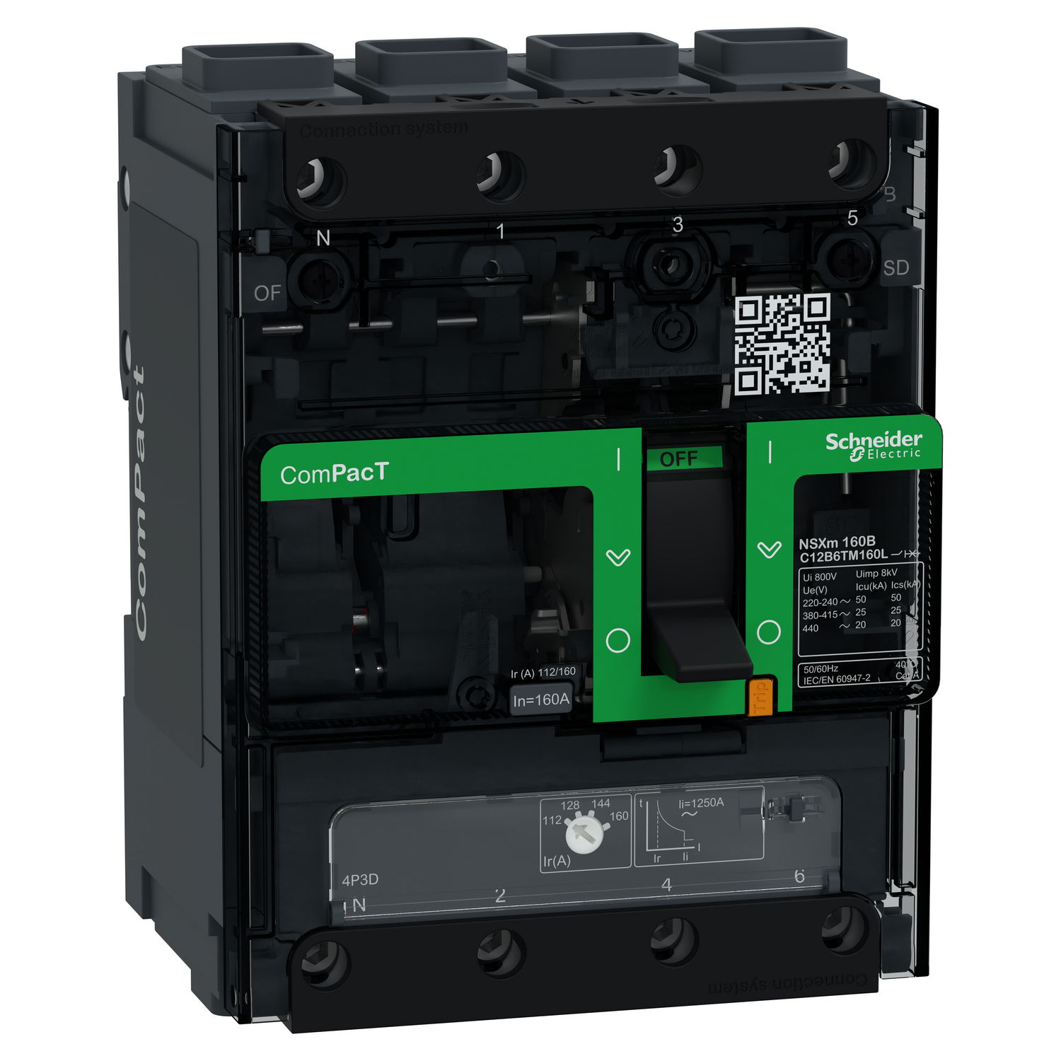 Interruttore, ComPacT NSXm 160B, 25kA/415VAC, 4 poli 3D (neutro non protetto), Sganciatore TMD&nbsp 160A, connettori EverLink – Immagine 3 di 4