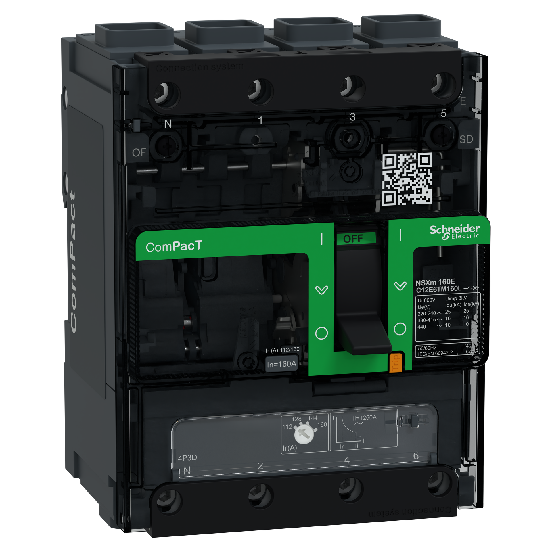 Interruttore, ComPacT NSXm 160E, 16kA/415VAC, 4 poli 3D (neutro non protetto), Sganciatore TMD 160A, connettori EverLink