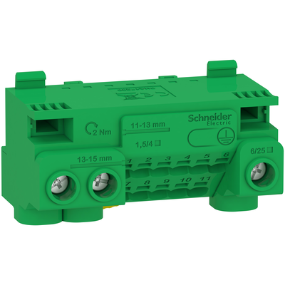 Morsettiera di terra isolata, Resi9, Linergy, collegamenti vite, collegamento senza vite, 14 fori, 3x25 mm+ 11x4 mm