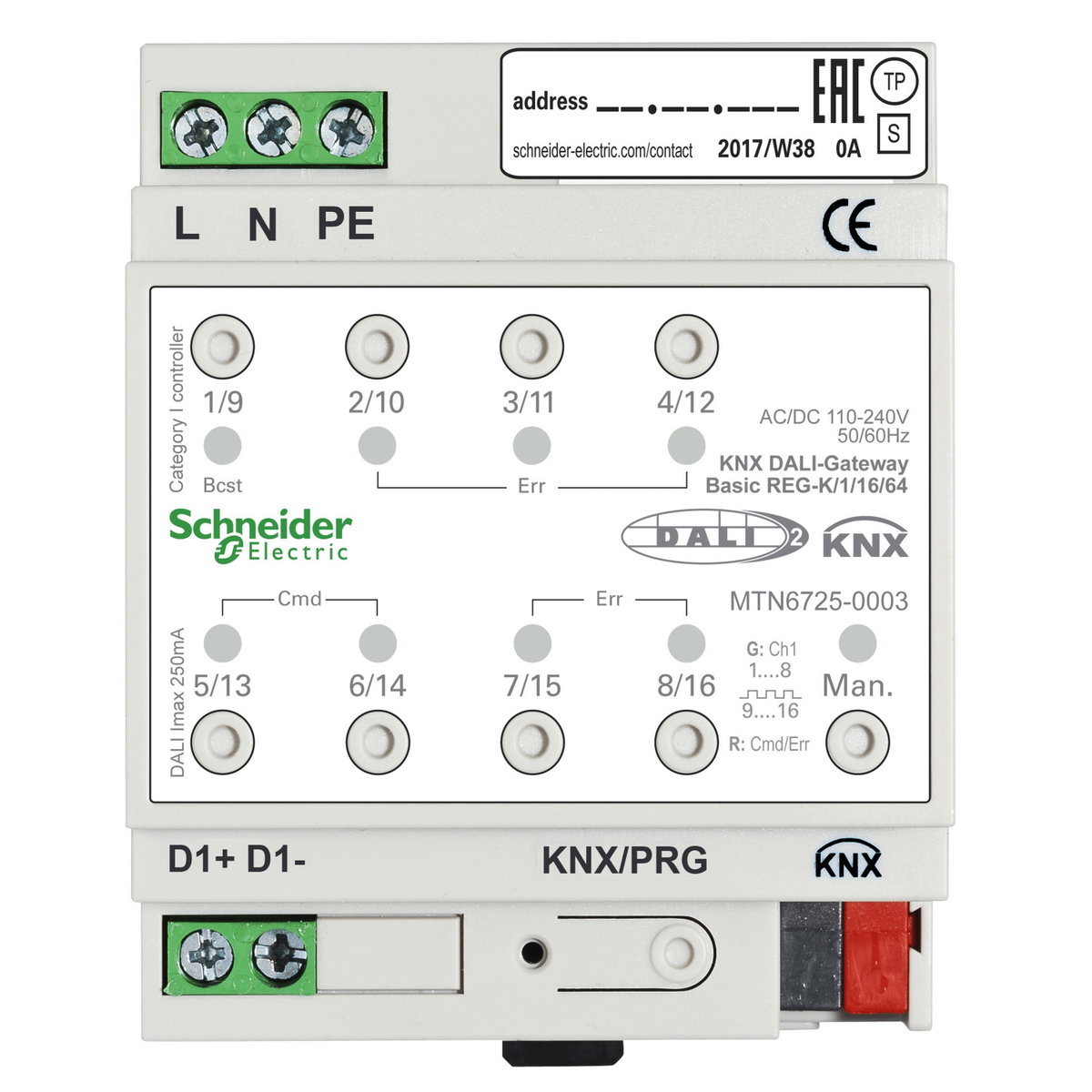 Gateway Dali KNX, SpaceLogic KNX, SpaceLogic KNX, 1 canale 64 Lampade Dali2 – Immagine 3 di 3
