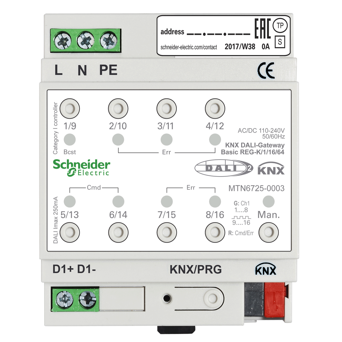 Gateway Dali KNX, SpaceLogic KNX, SpaceLogic KNX, 1 canale 64 Lampade Dali2
