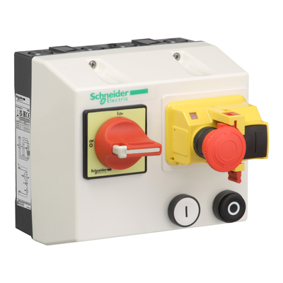 Enclosed DOL starter,TeSys LG,2.5-4A,380/400V AC coil,including 1 LC1K,GV2ME,rotary isolation switch ,2 pushbuttons,emergency stop