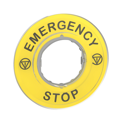 Etichetta circolare Ø60 - Harmony XB4, XB5 per pulsante arresto emergenza - gialla - plastica, con marcatura EMERGENCY STOP con logo ISO13850